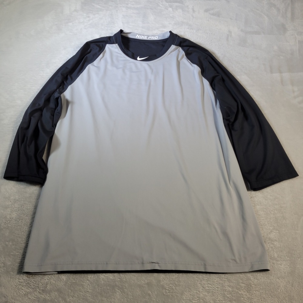 Nike Pro Baseball Shirt Mens 2XL Gray Black Dri-FIT 3/4 Sleeve MLB‎ 880659-011